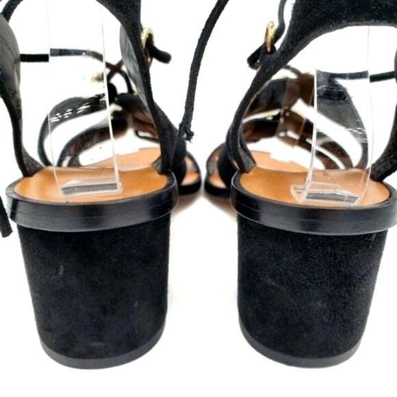 Club Monaco Jonet Black Suede Gold Rings Lace-Up Ankle Wrap Block Heel Sandals - Picture 9 of 12